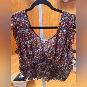Patrons of Peace Blue and Red Ruffled Smocked Blouse Sleeveless